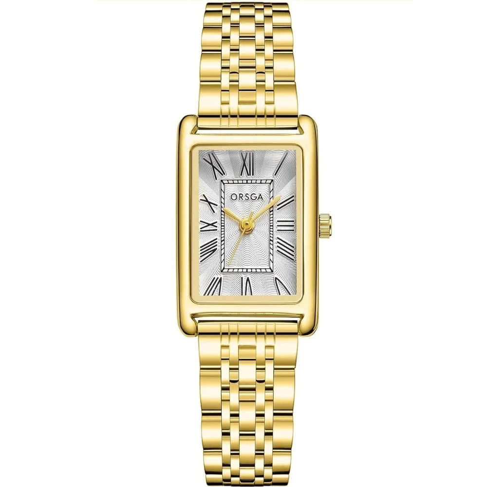 ORSGA Tank Watch Women OS Gold NEW Roman Numeral Guilloche Dial Link Bracelet
